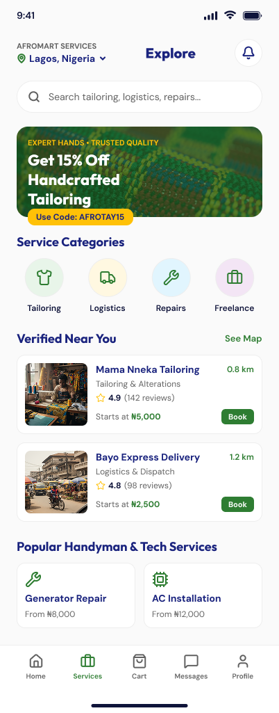 Afromart services app screen
