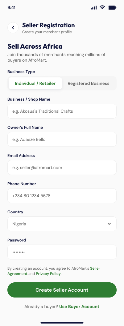 Afromart seller step 1: Create your seller account